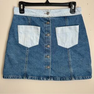 Pull&Bear Two Tone Blue Denim Button-Front Mini Skirt Country CottageCore Size M